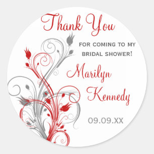 White, Red, Grey Floral Bridal Shower Sticker