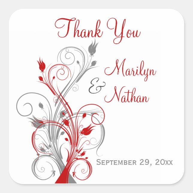 White, Red, Grey Floral Wedding Favour Sticker (Front)