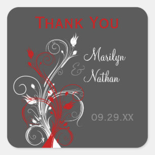 White, Red, Grey Floral Wedding Favour Sticker