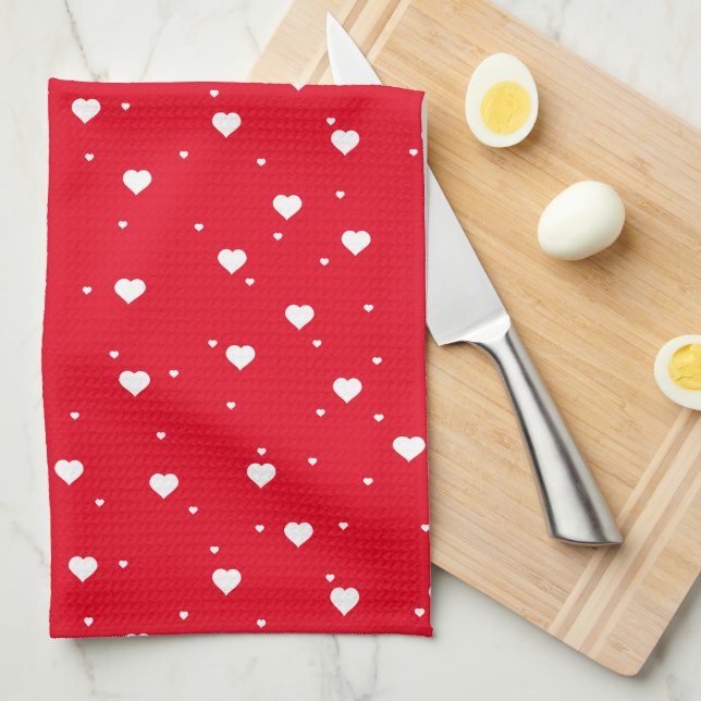 White & Red Hearts Pattern Kitchen Towel (Quarter Fold)