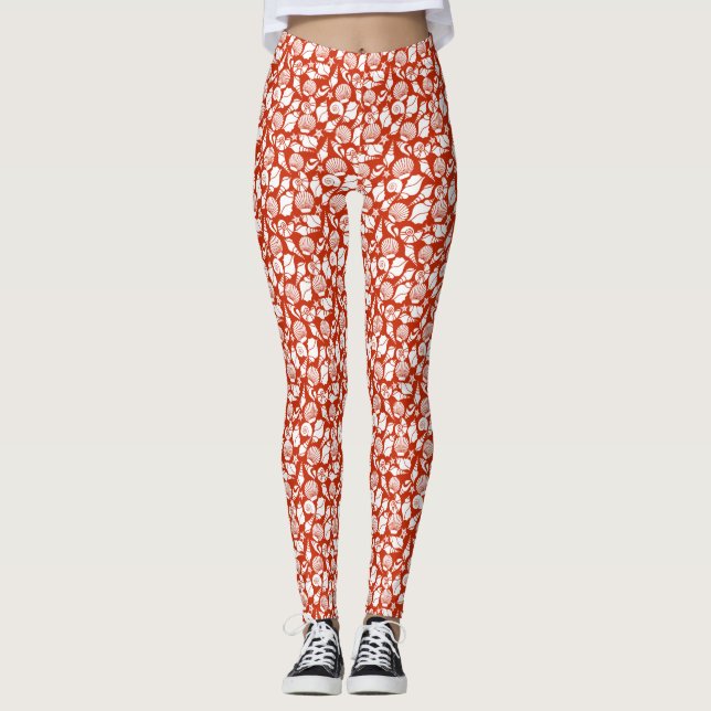 White Red Ocean Nautical Seashells Pattern Leggings (Front)