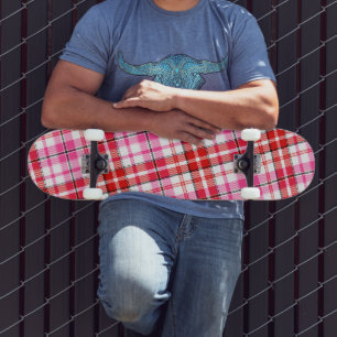 White Red Pink Plaid Tartan Design Skateboard