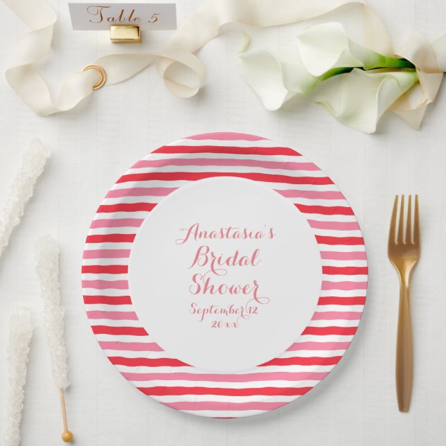 White Red Pink Stripes Bridal Shower Paper Plate (Wedding)