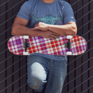 White Red Purple Plaid Tartan Design Skateboard