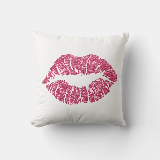 White Red Raspberry Glitter Kiss Lips Makeup Throw Pillow (Front)