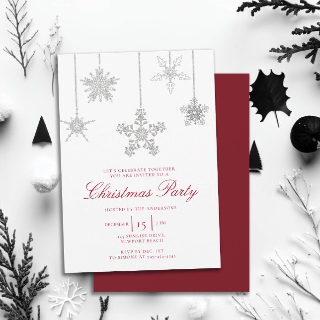 White Red Rhinestone Snowflake Sparkles Christmas Invitation (rhinestones glitter christmas party invitation elegant black white red modern minimalist classy chic)