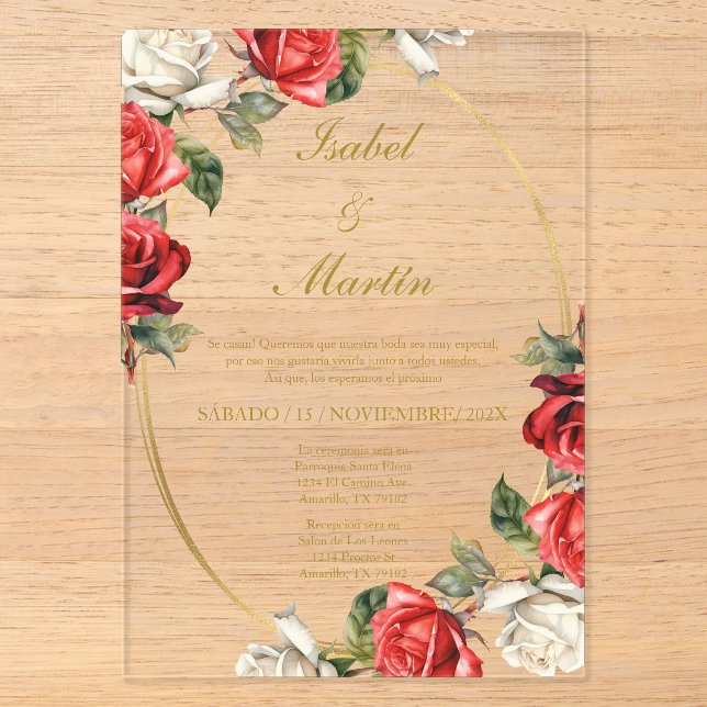White & Red Rose Elegant Wedding Spanish Acrylic Invitations (Front)