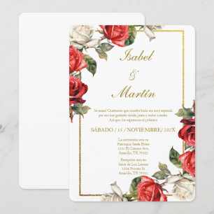 White & Red Rose Elegant Wedding Spanish Invitation
