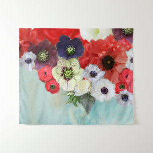 WHITE RED ROSES ,ANEMONE FLOWERS ,TEAL AQUA BLUE TAPESTRY