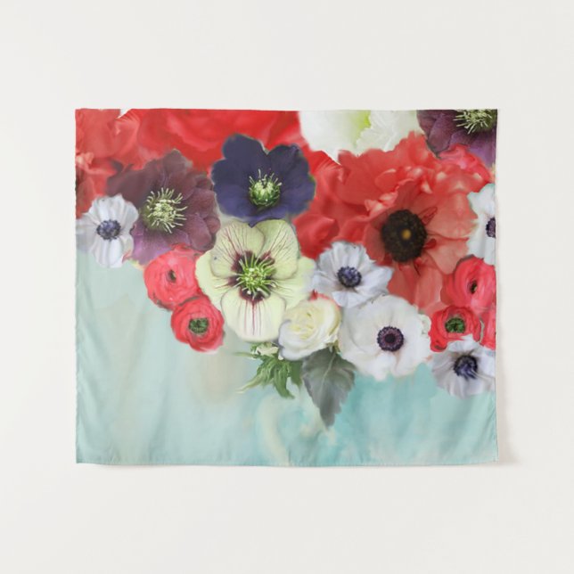 WHITE RED ROSES ,ANEMONE FLOWERS ,TEAL AQUA BLUE TAPESTRY (Front (Horizontal))
