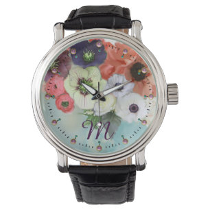 WHITE RED ROSES,BLUE ANEMONE FLOWERS MONOGRAM WATCH