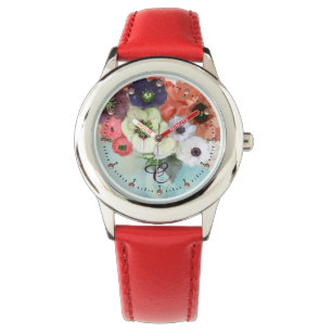 WHITE RED ROSES,BLUE ANEMONE FLOWERS MONOGRAM WATCH