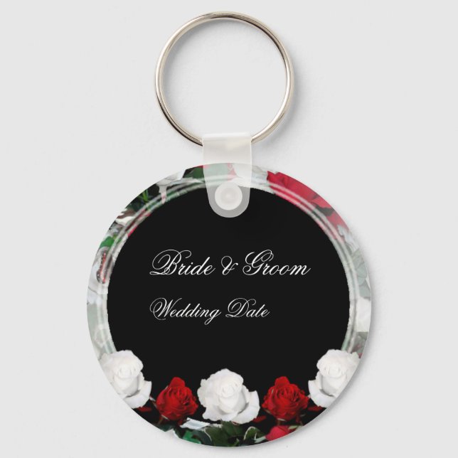 White & Red Roses Bride & Groom Wedding Favour 1 Keychain (Front)