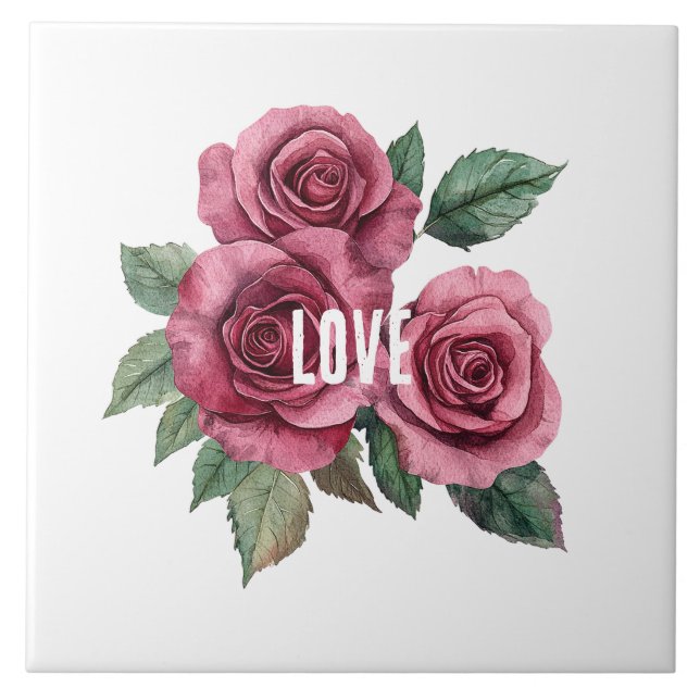 White Red Roses Floral Love Tile (Front)