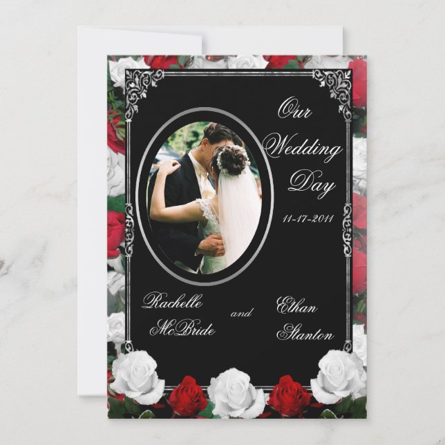 White & Red Roses Wedding Photo Invitations 5x7 (Front)