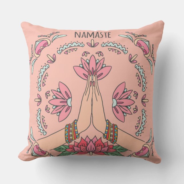 White Red Salmon Namaste Throw Pillow (Front)