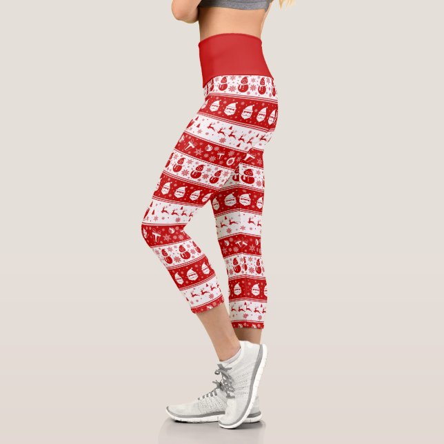 White & Red Santa Face and Snowman Pattern Capri Leggings (Left)