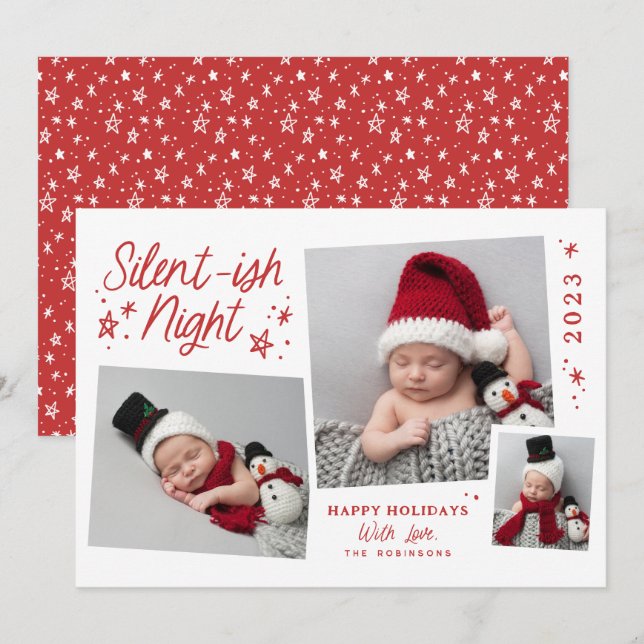 White Red Script Silent-ish Night 3 Photo Collage Holiday Card (Front/Back)