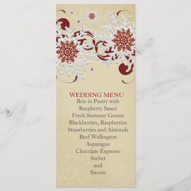 White&Red Snowflakes Swirls Wedding Menu (Front)