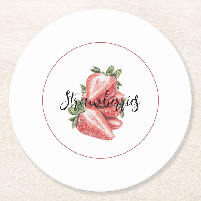 White Red Strawberries Fruit Birthday Round Paper Coaster (Front)