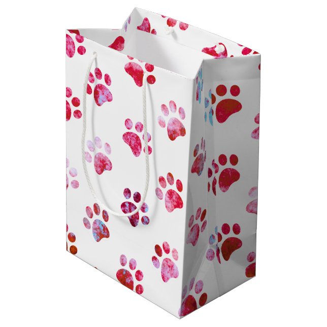 White Red Textured Paw Print Pattern Medium Gift Bag (Back Angled)
