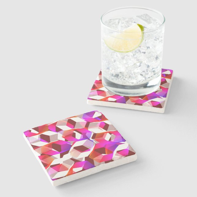 White, red to pink hexagons on dark red background stone coaster (Side)