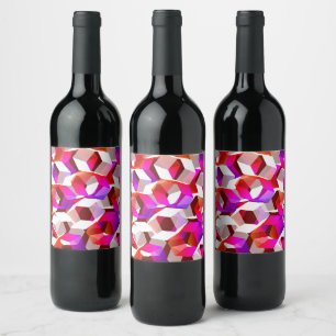 White, red to pink hexagons on dark red background wine label