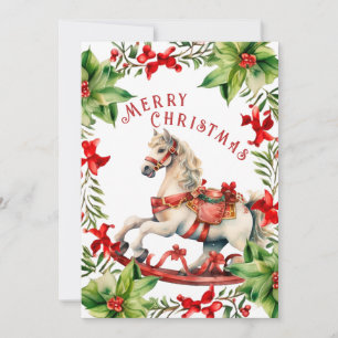 White Red Vintage Rocking Horse Christmas Card