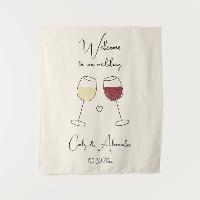 White Red Wine Glass Wedding Welcome Tapestry (Front)