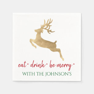 White Reen Eat Drink Be Merry Red Gold Reinadeer Napkin