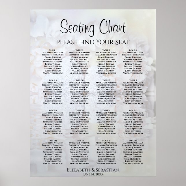 White Reflections 16 Table Wedding Seating Chart (Front)