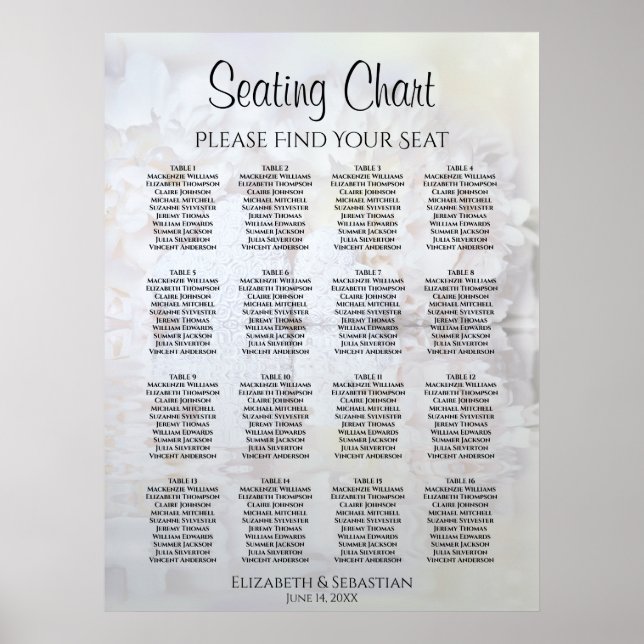 White Reflections 16 Table Wedding Seating Chart (Front)