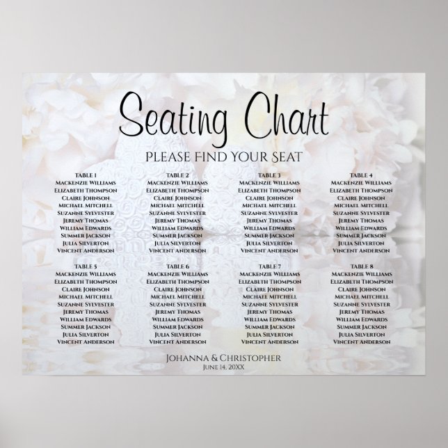 White Reflections 8 Table Wedding Seating Chart (Front)