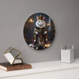 White Regal Cat Dressed In Renaissance Outfit, Large Clock