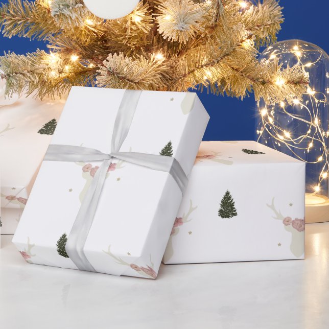 white Reindeer Christmas tree wrapping paper (Holidays)