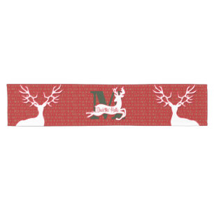 White Reindeer Deck the Halls Monogram Short Table Runner