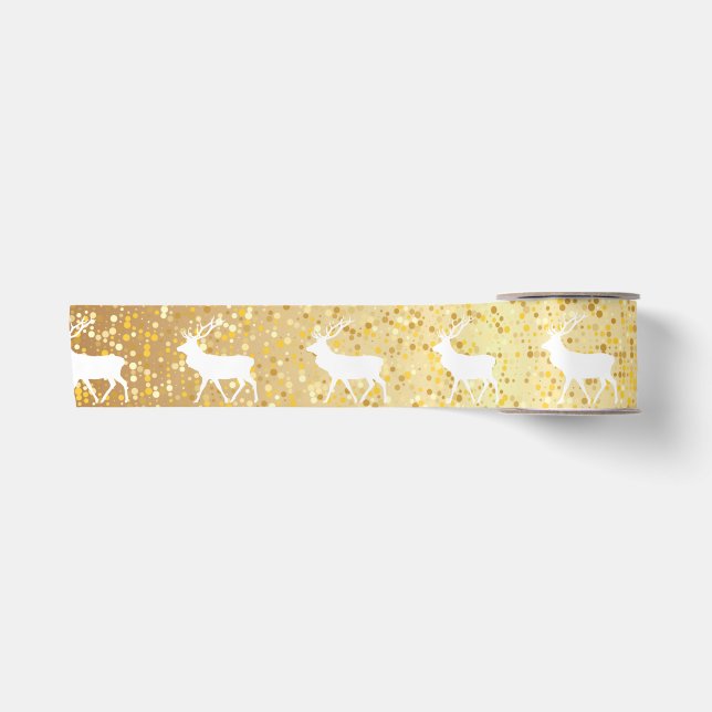 White Reindeer Gold Sparkle Holiday Satin Ribbon (Front)