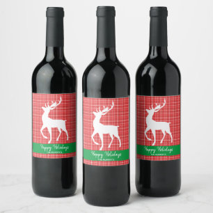 White Reindeer Red Twill Plaid Merry Christmas Wine Label