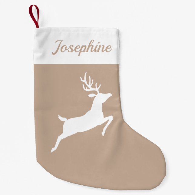 White Reindeer Silhouette On Beige And Custom Name Small Christmas Stocking (Front)