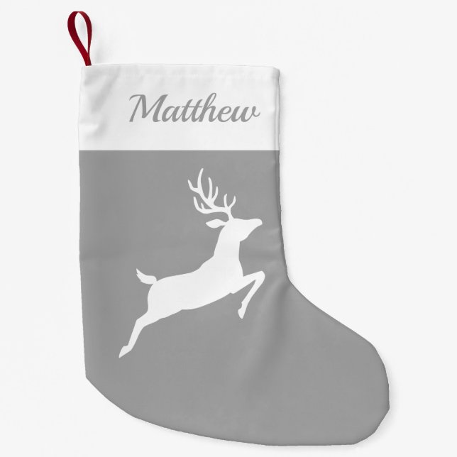 White Reindeer Silhouette On Grey And Custom Name Small Christmas Stocking (Front)