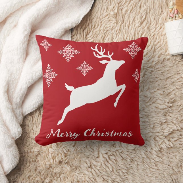 White Reindeer Silhouette On Red With Snowflakes Throw Pillow (Blanket)