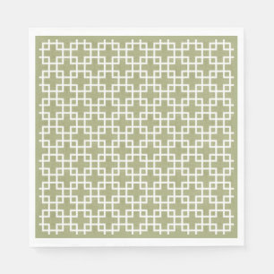 White Retro Chic Squares Pattern On Olive Green Napkin