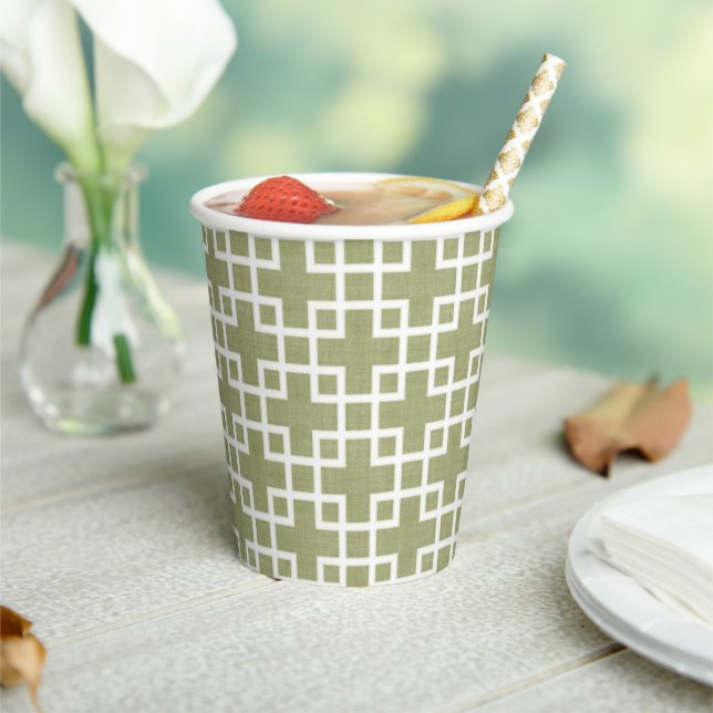 White Retro Chic Squares Pattern On Olive Green Paper Cups (Insitu)