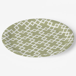 White Retro Chic Squares Pattern On Olive Green Paper Plate