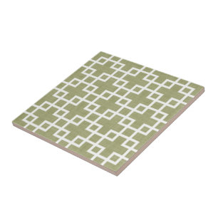 White Retro Chic Squares Pattern On Olive Green Tile