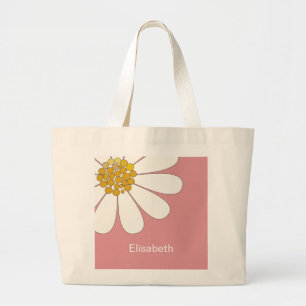 White Retro Daisy Flower Personalize Name   Large Tote Bag