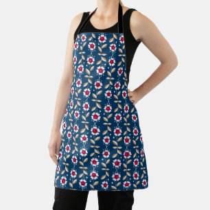  White retro flowers on a dark blue background Apron