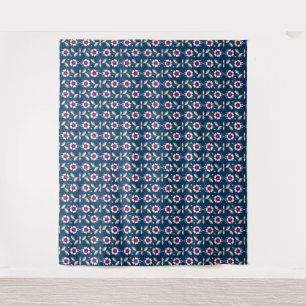 White retro flowers on a dark blue background Tapestry