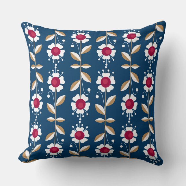  White retro flowers on a dark blue background Throw Pillow (Front)