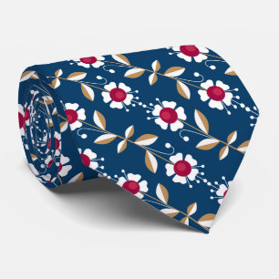  White retro flowers on a dark blue background Tie